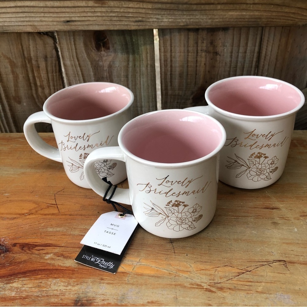 Set of 3 Style Me Pretty Lovely Bridesmaid Pink & White 11oz Ceramic Coffee Mug